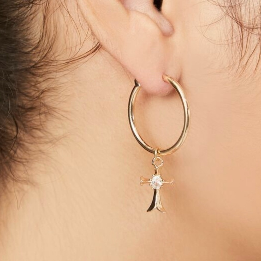 Gold Hoop Earrings with Cross Charm